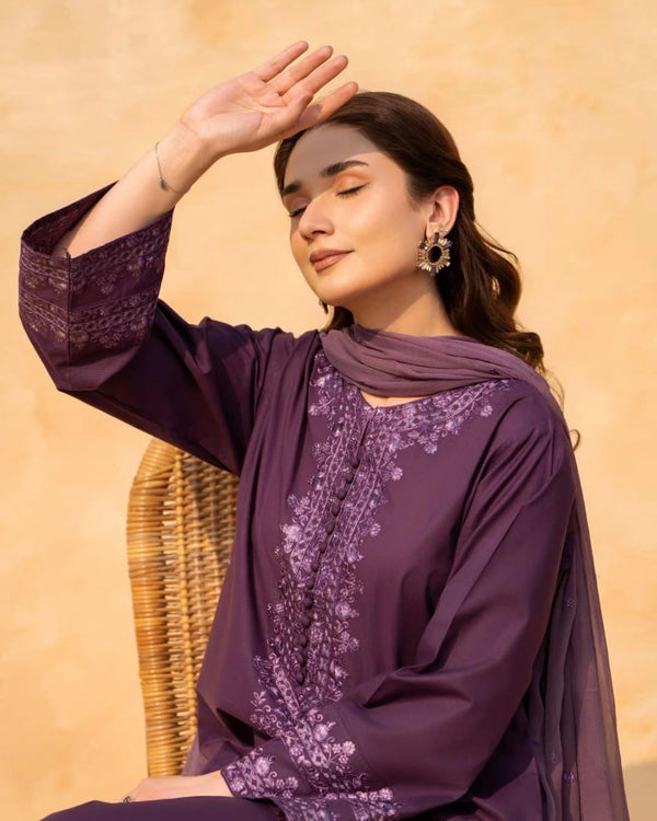 Purple Luxe Emb 3pc - Riwaiti Rang