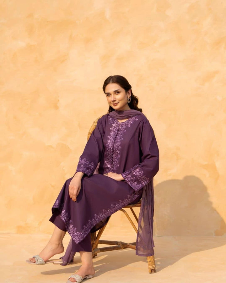 Purple Luxe Emb 3pc - Riwaiti Rang